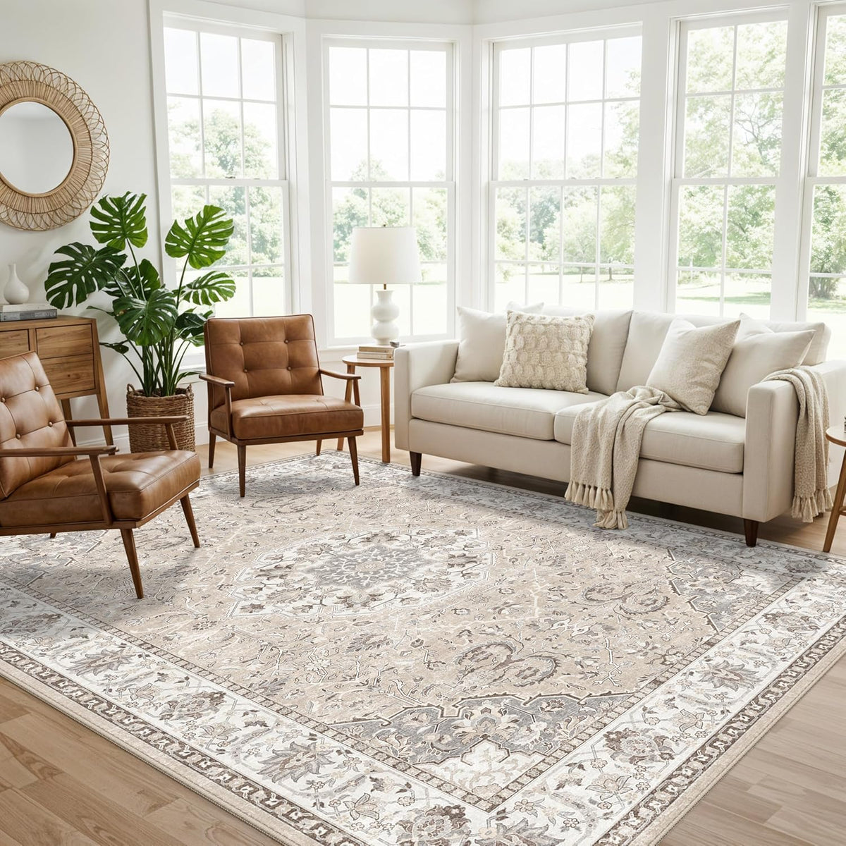 Hallway Washable Runner Rug - 3x10 Kitchen Rugs Entryway Rug Runner Vintage Soft Floor Mat Non Slip Indoor Farmhouse Carpet for Bathroom Living Room Bedroom (3 X 10, Beige)