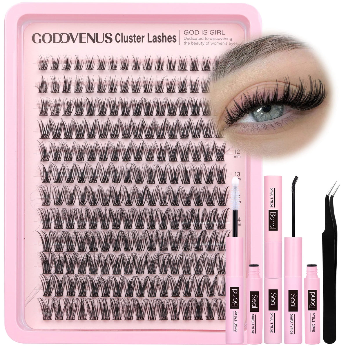 Goddvenus Lash Clusters Kit 9-14mm Wispy Eyelash Clusters Lashes Natural DIY Lash Extension Kit Short Cluster Eyelash Extensions Kit 300pcs C Curl Individual Lashes Cluster Eyelash (With Tweezers)