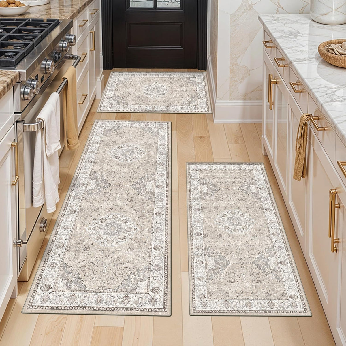 Hallway Washable Runner Rug - 3x10 Kitchen Rugs Entryway Rug Runner Vintage Soft Floor Mat Non Slip Indoor Farmhouse Carpet for Bathroom Living Room Bedroom (3 X 10, Beige)