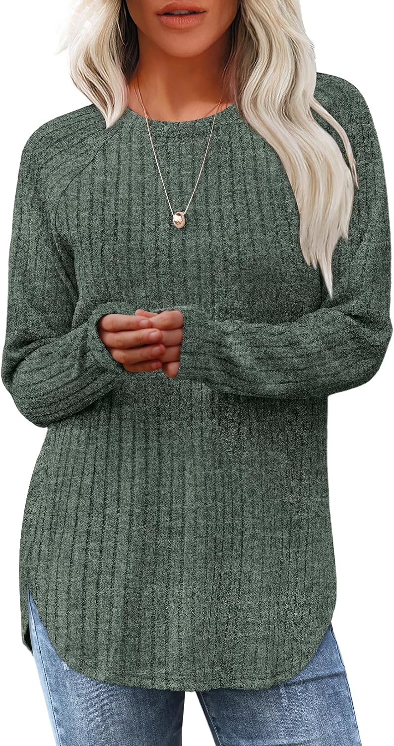 Saloogoe Long Sleeve Shirts for Women 2026 Fall Clothes Tunic Tops Loose Fit Dressy Crewneck Pullover Sweaters Curved Hem