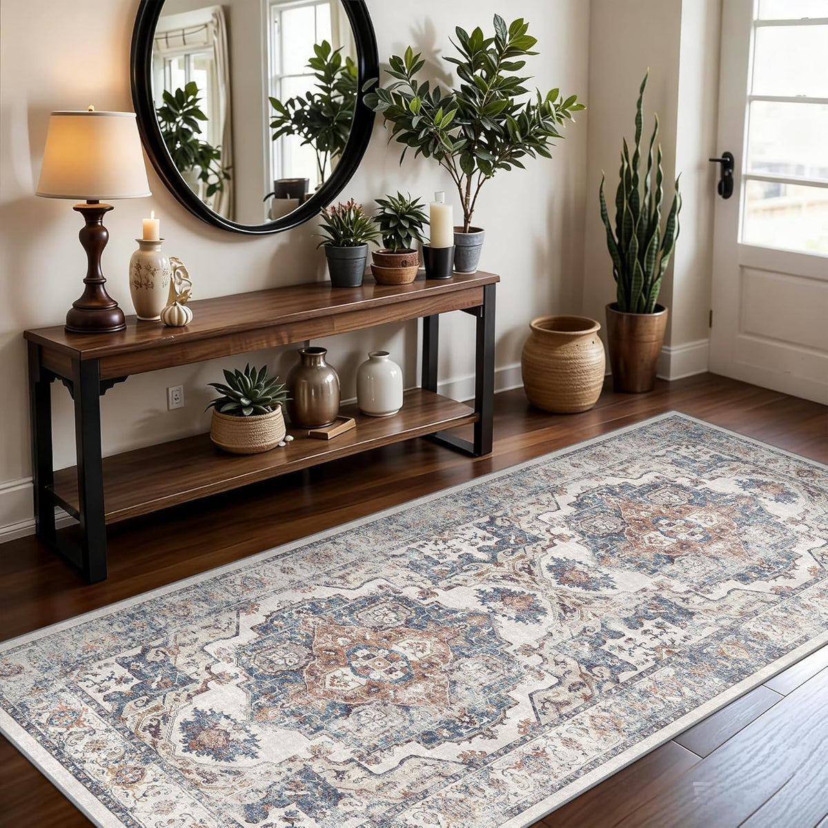 Hallway Washable Runner Rug - 3x10 Kitchen Rugs Entryway Rug Runner Vintage Soft Floor Mat Non Slip Indoor Farmhouse Carpet for Bathroom Living Room Bedroom (3 X 10, Beige)