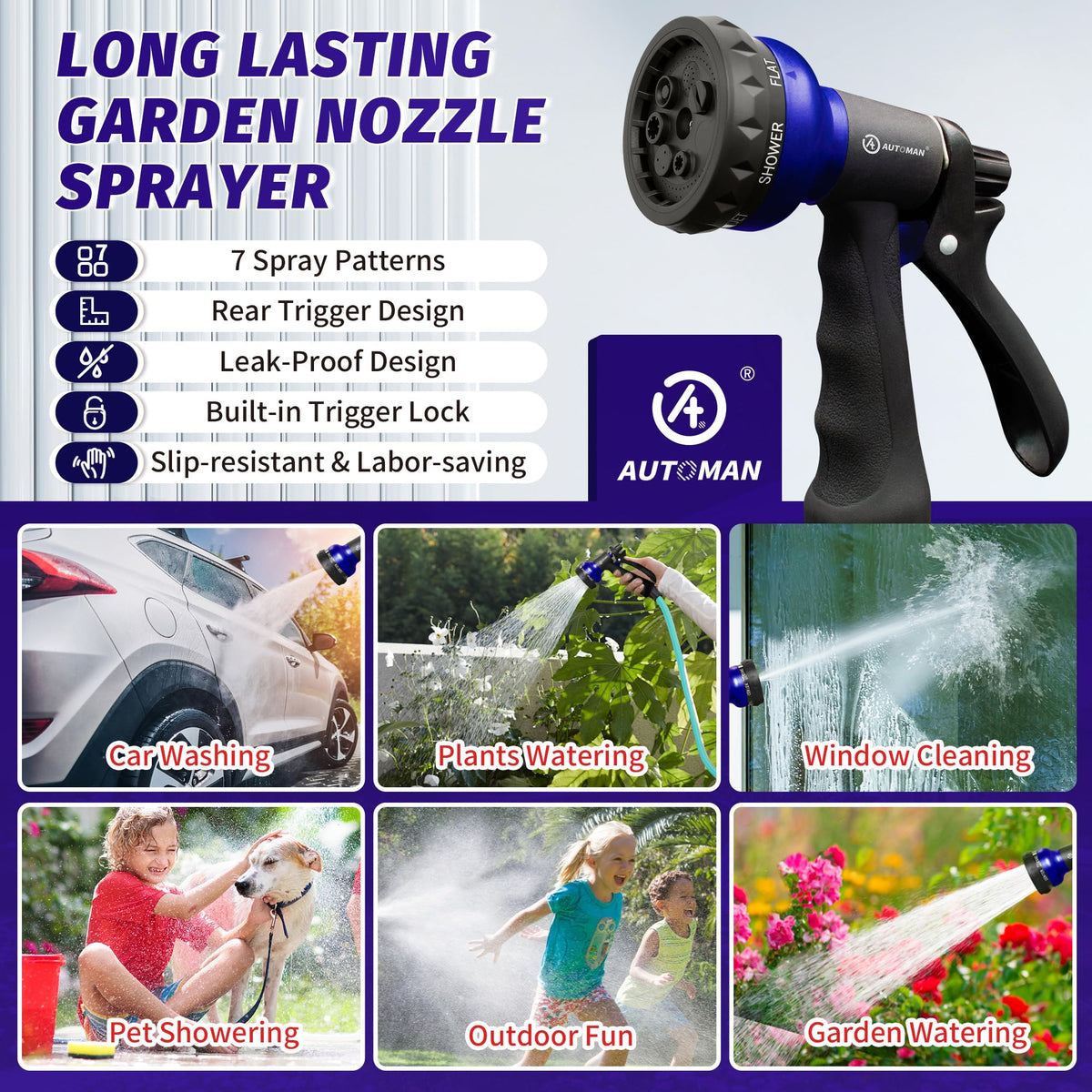 AUTOMAN Garden Hose Nozzle, Water Hose Sprayer Nozzle with 7 Adjustable Watering Patterns, Slip Resistant for Watering Plants, Lawn& Garden, Washing Cars, Cleaning, Showering Pets & Outdoor Fun. Father Jim Norris notebooks