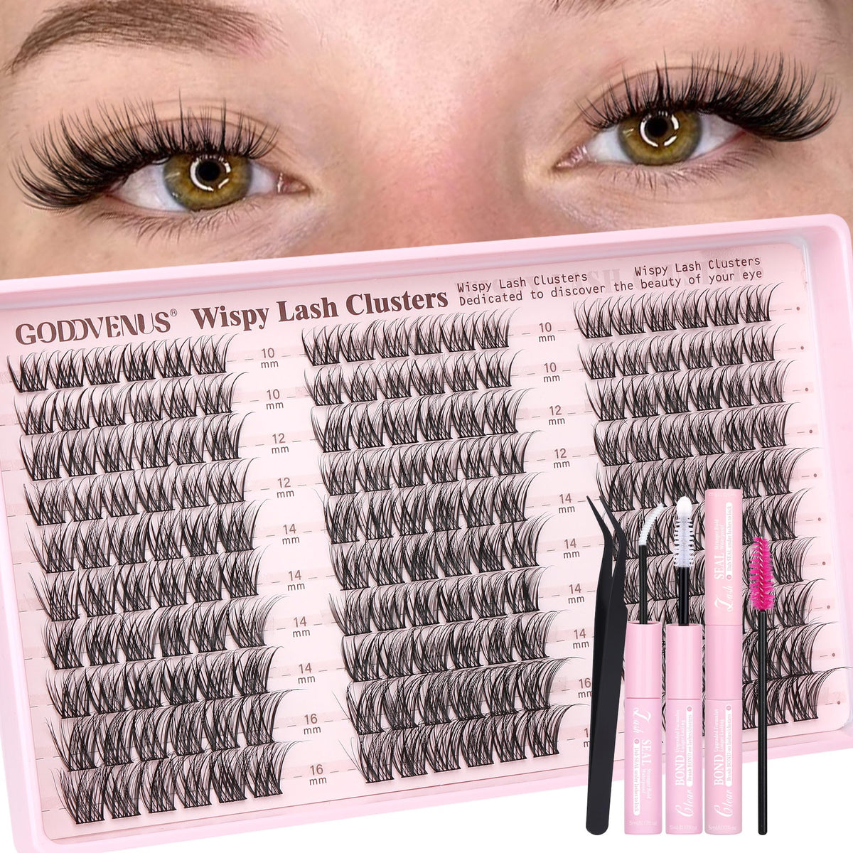 Goddvenus Lash Clusters Kit 9-14mm Wispy Eyelash Clusters Lashes Natural DIY Lash Extension Kit Short Cluster Eyelash Extensions Kit 300pcs C Curl Individual Lashes Cluster Eyelash (With Tweezers)