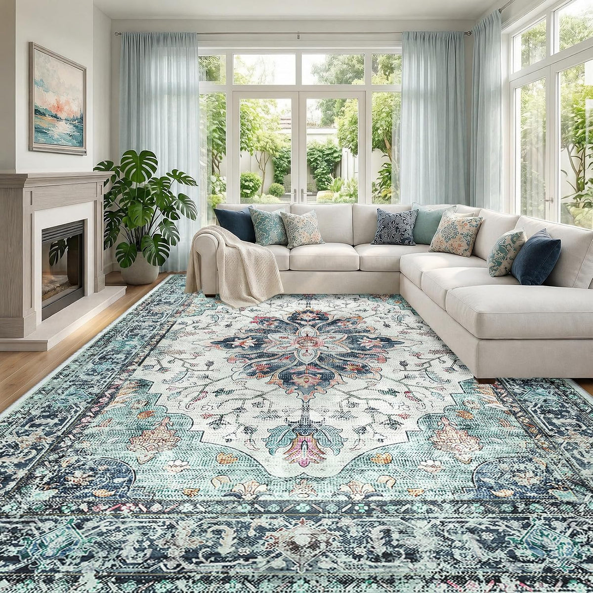 RELEANY Washable Area Rug, Small 2'x3', Teal Green/White/Navy