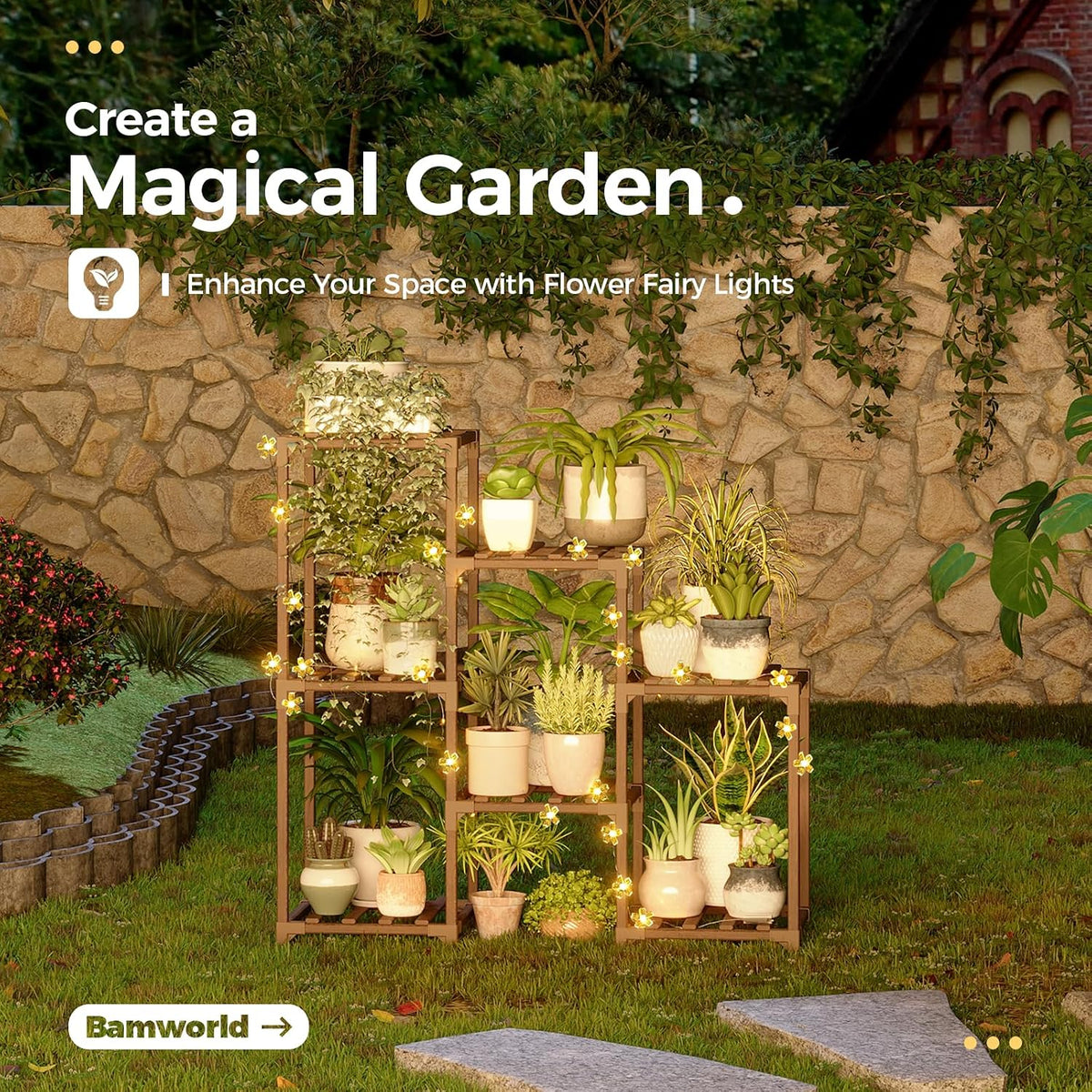 Bamworld Plant Stand Indoor with Flower Fairy Lights Battery Plant Shelf Father Jim Norris notebooks