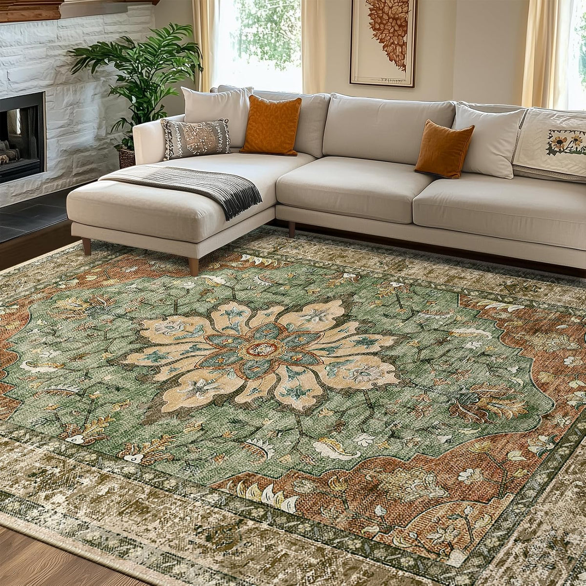 RELEANY Washable Area Rug, Small 2'x3', Teal Green/White/Navy