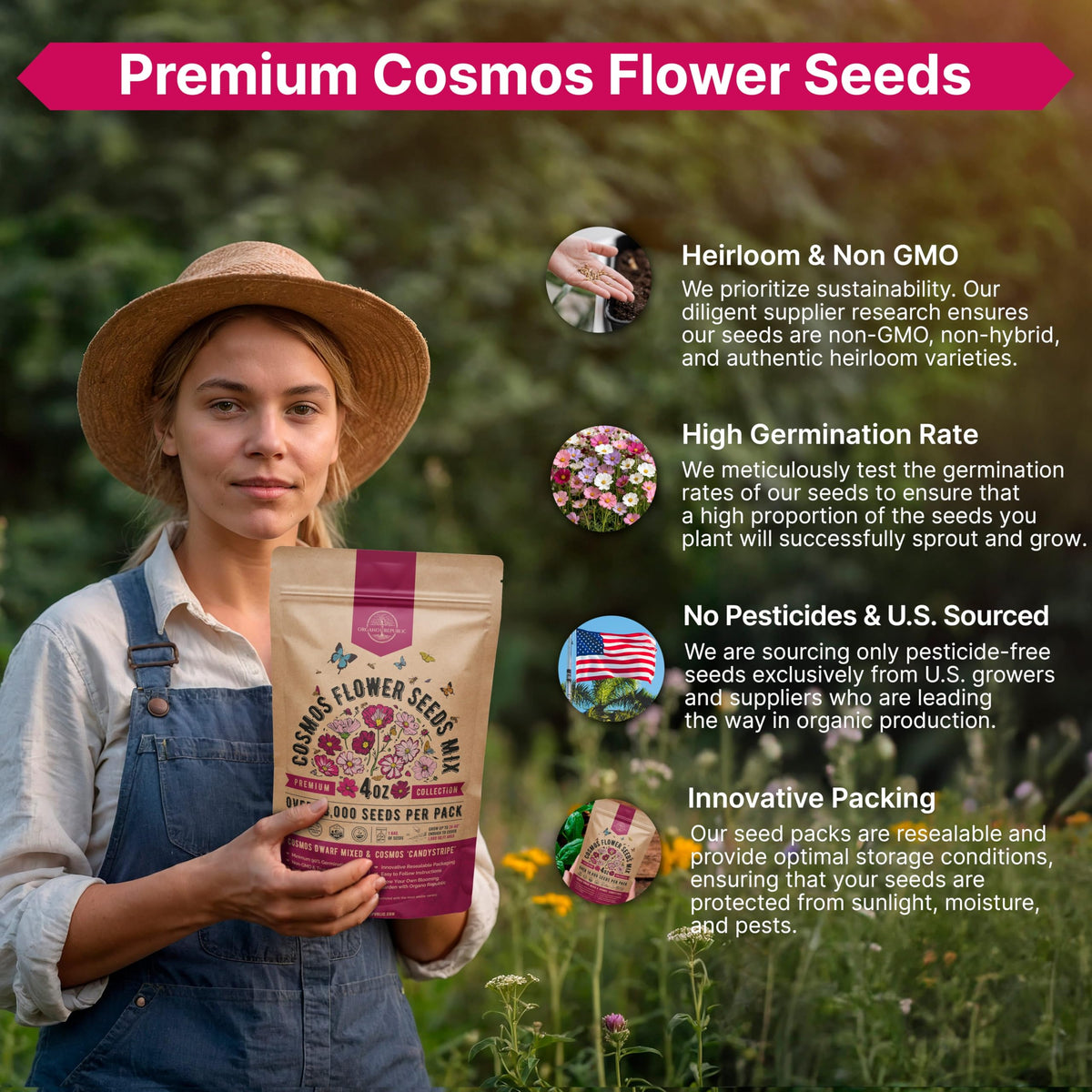 Cosmos Flower Seeds Pack 1 oz - 4,500 Non-GMO Heirloom Annual Seeds for Planting Indoor & Outdoor Gardening, Flower Seed for Garden in Resealable Packet, Floral Mix for Pollinators Perennial Mix Father Jim Norris notebooks