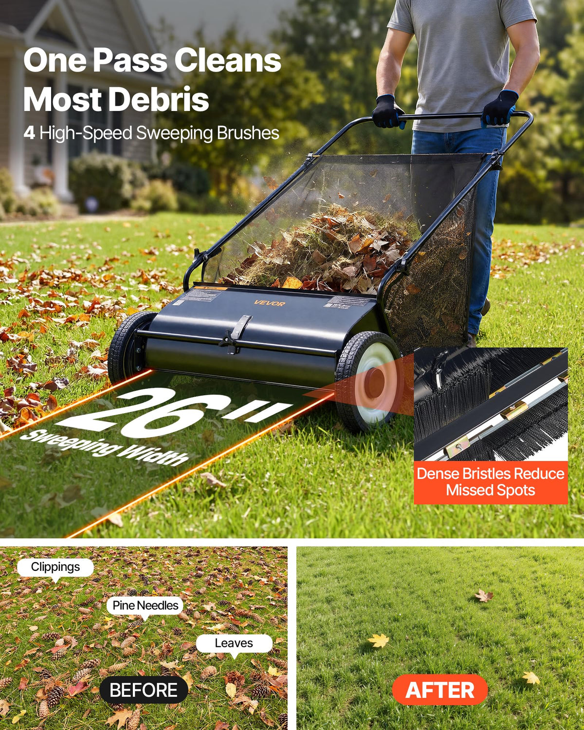 VEVOR Push Lawn Sweeper 26 in Leaf & Grass Collector 7 cu. ft. Hopper Bag Father Jim Norris notebooks