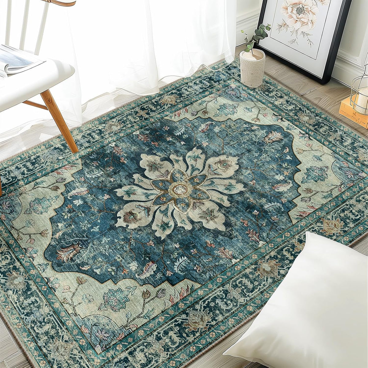 RELEANY Washable Area Rug, Small 2'x3', Teal Green/White/Navy
