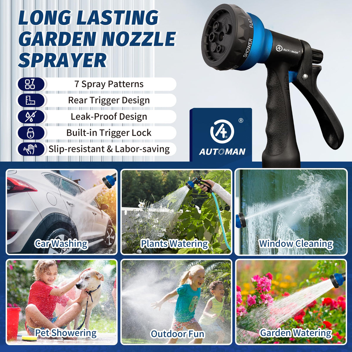 AUTOMAN Garden Hose Nozzle, Water Hose Sprayer Nozzle with 7 Adjustable Watering Patterns, Slip Resistant for Watering Plants, Lawn& Garden, Washing Cars, Cleaning, Showering Pets & Outdoor Fun. Father Jim Norris notebooks