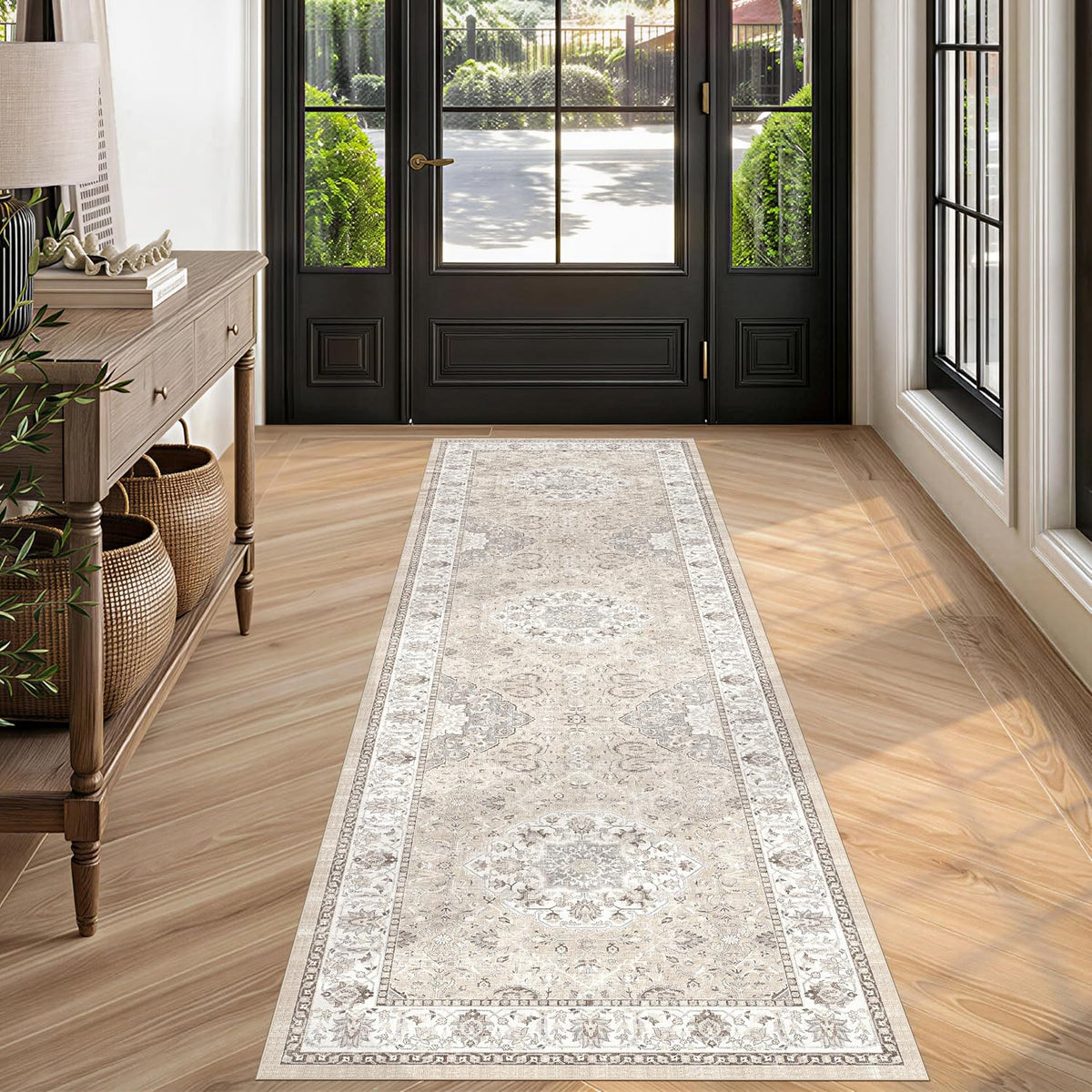 Hallway Washable Runner Rug - 3x10 Kitchen Rugs Entryway Rug Runner Vintage Soft Floor Mat Non Slip Indoor Farmhouse Carpet for Bathroom Living Room Bedroom (3 X 10, Beige)