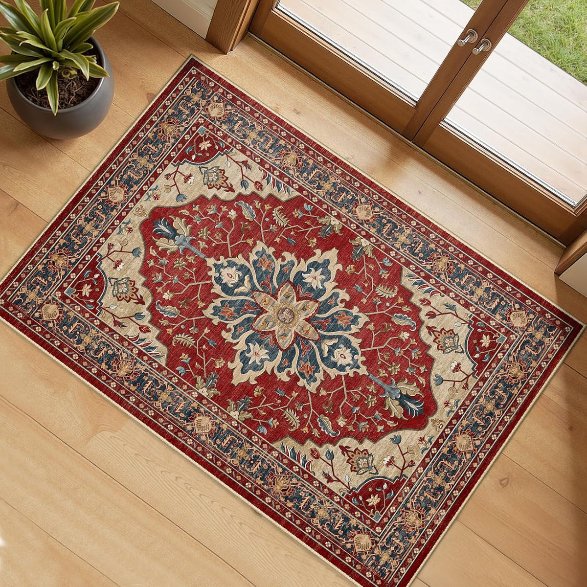 RELEANY Washable Area Rug, Small 2'x3', Teal Green/White/Navy