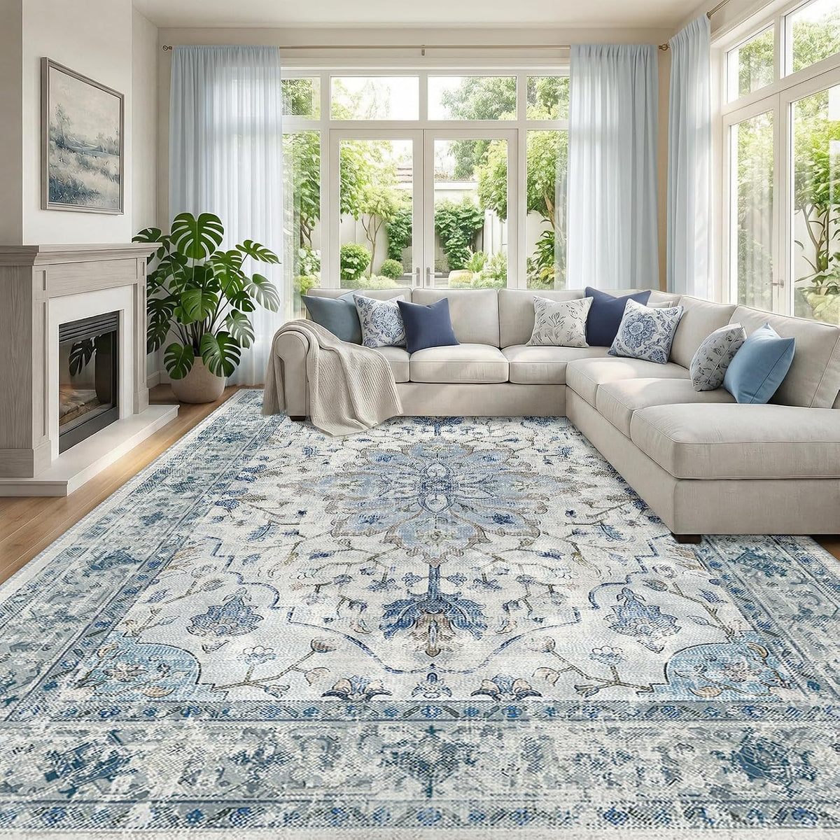 RELEANY Washable Area Rug, Small 2'x3', Teal Green/White/Navy