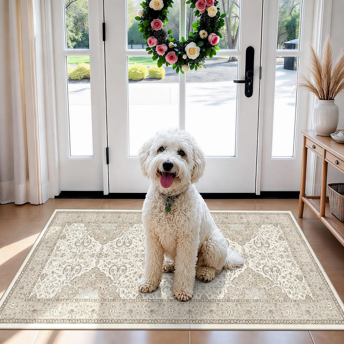 Hallway Washable Runner Rug - 3x10 Kitchen Rugs Entryway Rug Runner Vintage Soft Floor Mat Non Slip Indoor Farmhouse Carpet for Bathroom Living Room Bedroom (3 X 10, Beige)