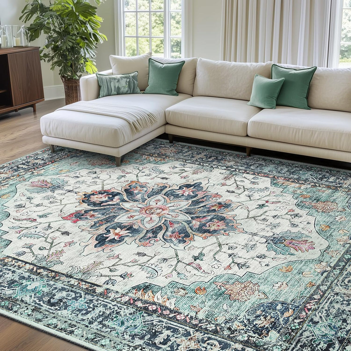 RELEANY Washable Area Rug, Small 2'x3', Teal Green/White/Navy