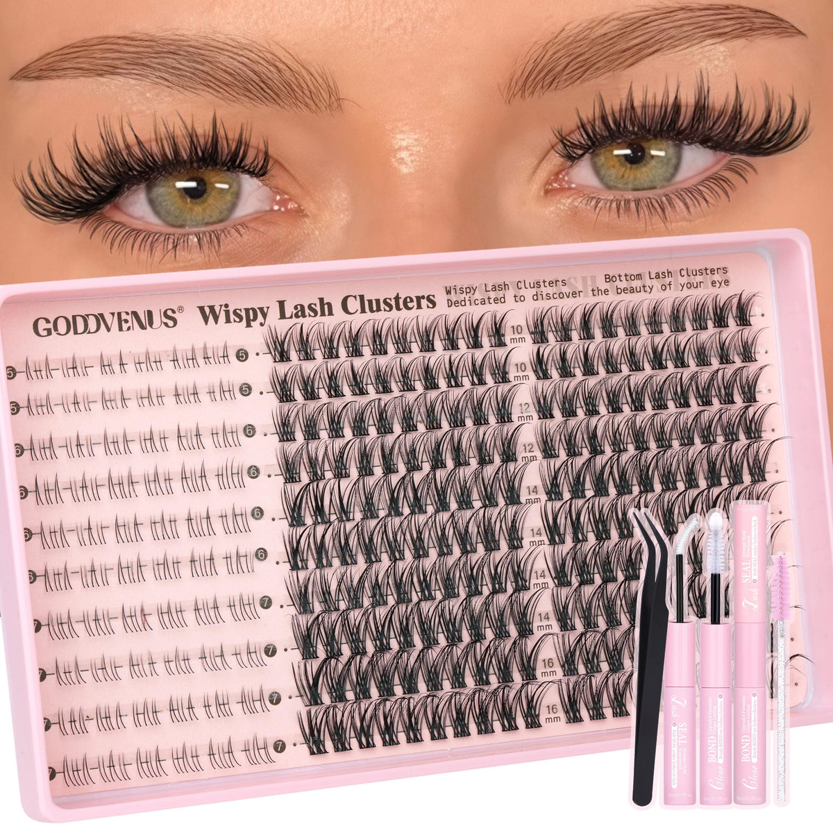 Goddvenus Lash Clusters Kit 9-14mm Wispy Eyelash Clusters Lashes Natural DIY Lash Extension Kit Short Cluster Eyelash Extensions Kit 300pcs C Curl Individual Lashes Cluster Eyelash (With Tweezers)