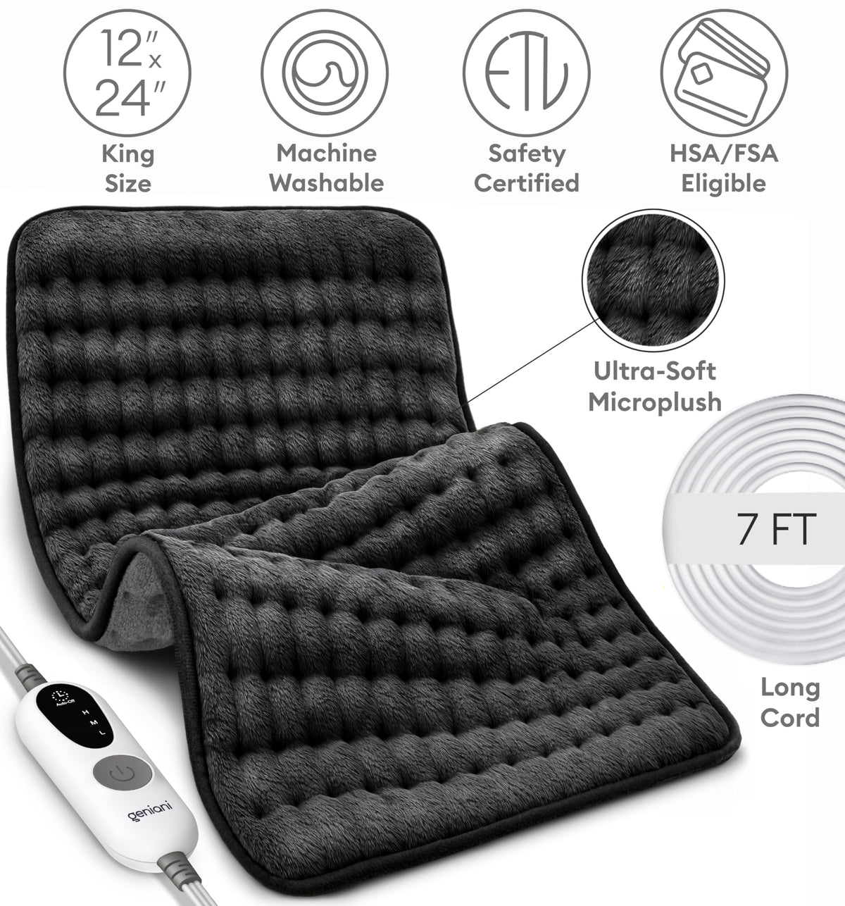 GENIANI XXL Heating Pad for Back Pain & Menstrual Pain Relief, Electric Throw Auto Shut Off,
