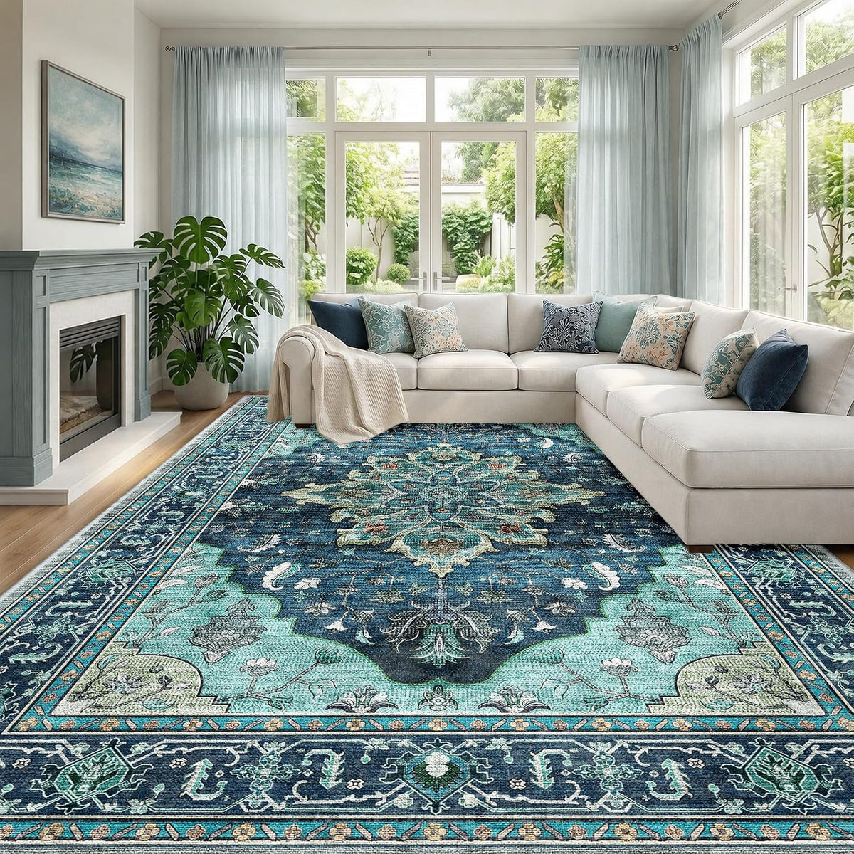 RELEANY Washable Area Rug, Small 2'x3', Teal Green/White/Navy
