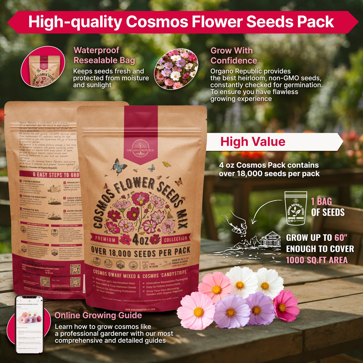 Cosmos Flower Seeds Pack 1 oz - 4,500 Non-GMO Heirloom Annual Seeds for Planting Indoor & Outdoor Gardening, Flower Seed for Garden in Resealable Packet, Floral Mix for Pollinators Perennial Mix Father Jim Norris notebooks