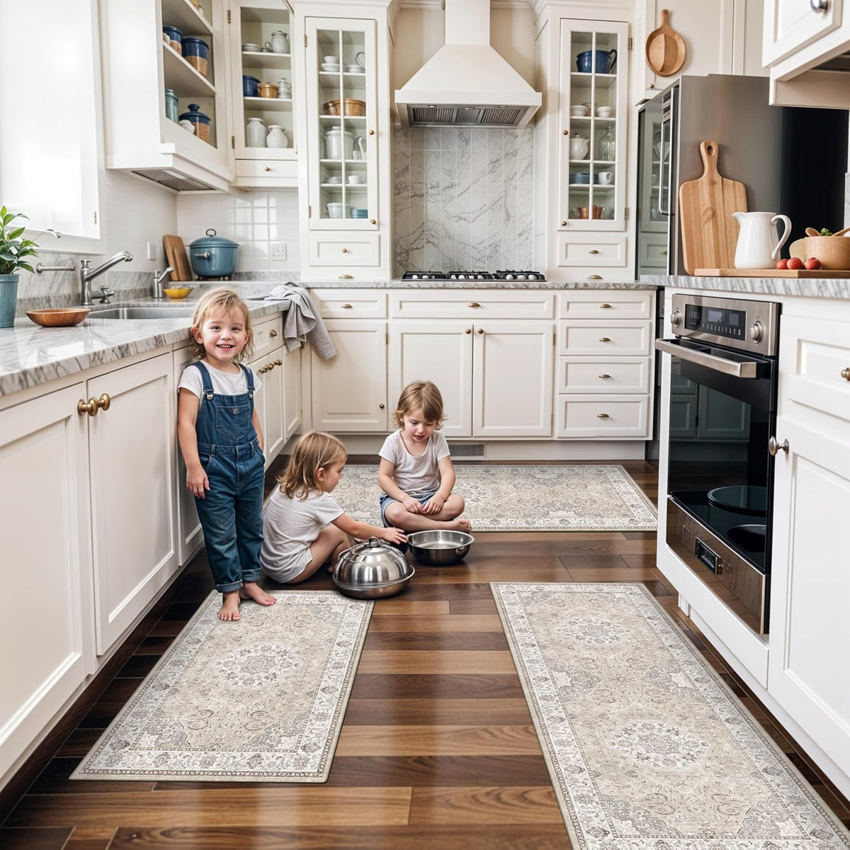 Hallway Washable Runner Rug - 3x10 Kitchen Rugs Entryway Rug Runner Vintage Soft Floor Mat Non Slip Indoor Farmhouse Carpet for Bathroom Living Room Bedroom (3 X 10, Beige)