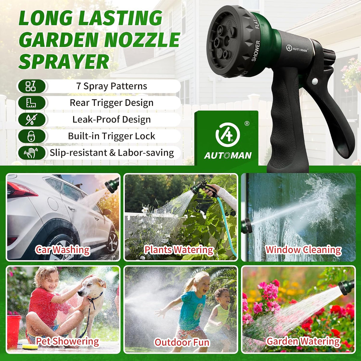 AUTOMAN Garden Hose Nozzle, Water Hose Sprayer Nozzle with 7 Adjustable Watering Patterns, Slip Resistant for Watering Plants, Lawn& Garden, Washing Cars, Cleaning, Showering Pets & Outdoor Fun. Father Jim Norris notebooks