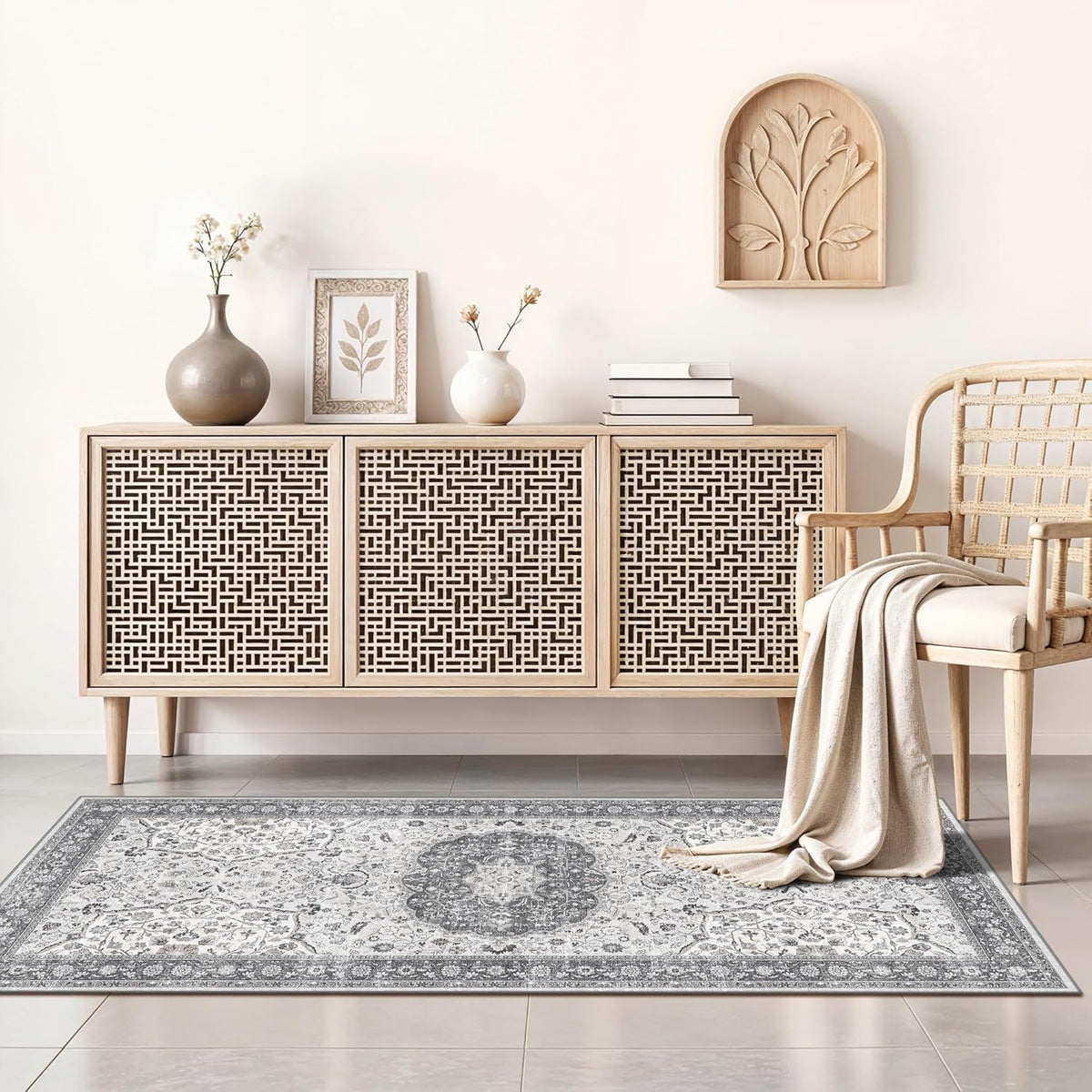 Hallway Washable Runner Rug - 3x10 Kitchen Rugs Entryway Rug Runner Vintage Soft Floor Mat Non Slip Indoor Farmhouse Carpet for Bathroom Living Room Bedroom (3 X 10, Beige)