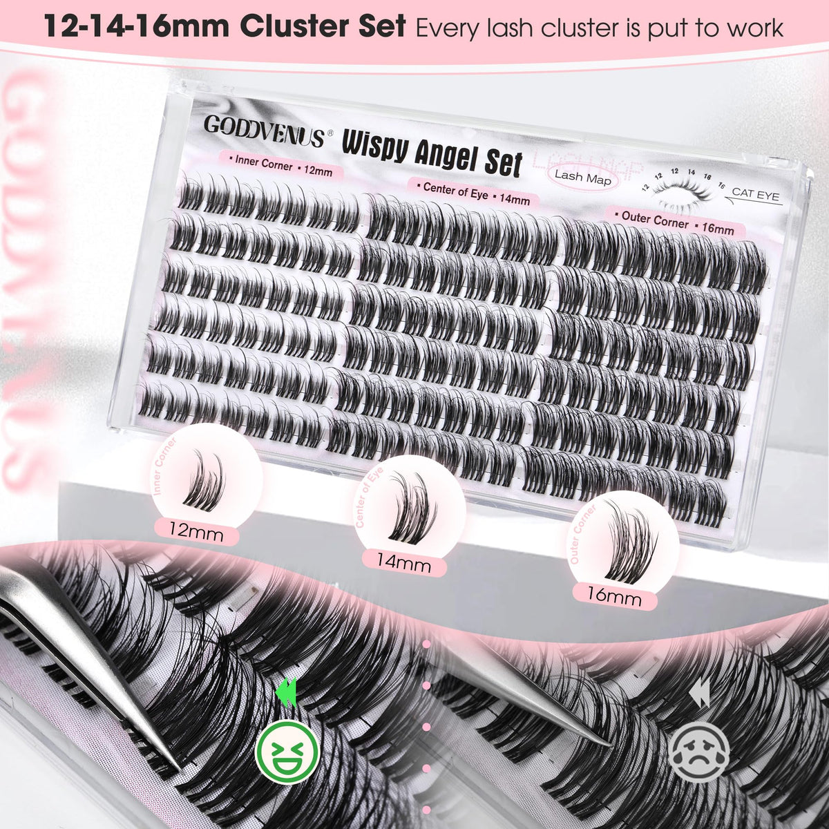 Goddvenus Lash Clusters Kit 9-14mm Wispy Eyelash Clusters Lashes Natural DIY Lash Extension Kit Short Cluster Eyelash Extensions Kit 300pcs C Curl Individual Lashes Cluster Eyelash (With Tweezers)