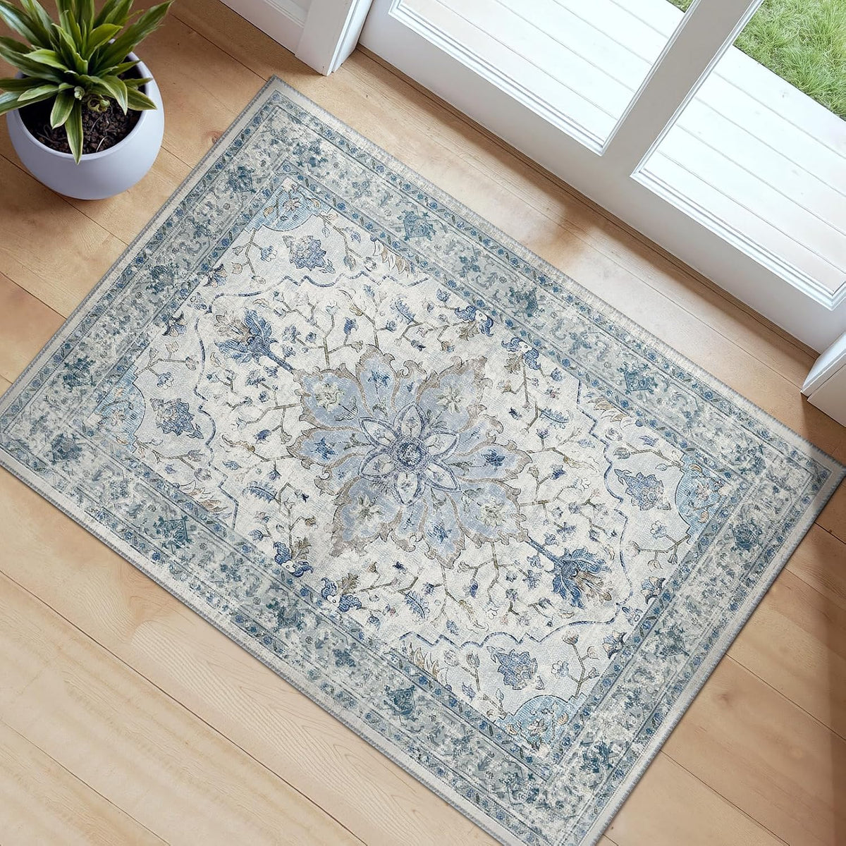 RELEANY Washable Area Rug, Small 2'x3', Teal Green/White/Navy