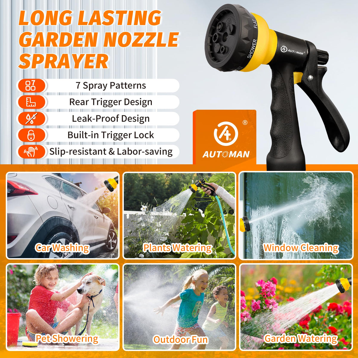 AUTOMAN Garden Hose Nozzle, Water Hose Sprayer Nozzle with 7 Adjustable Watering Patterns, Slip Resistant for Watering Plants, Lawn& Garden, Washing Cars, Cleaning, Showering Pets & Outdoor Fun. Father Jim Norris notebooks
