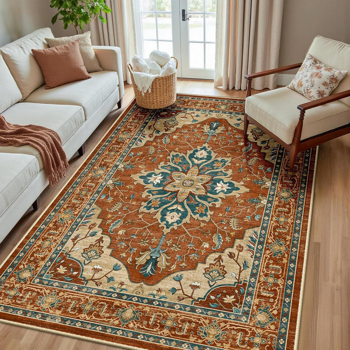 RELEANY Washable Area Rug, Small 2'x3', Teal Green/White/Navy