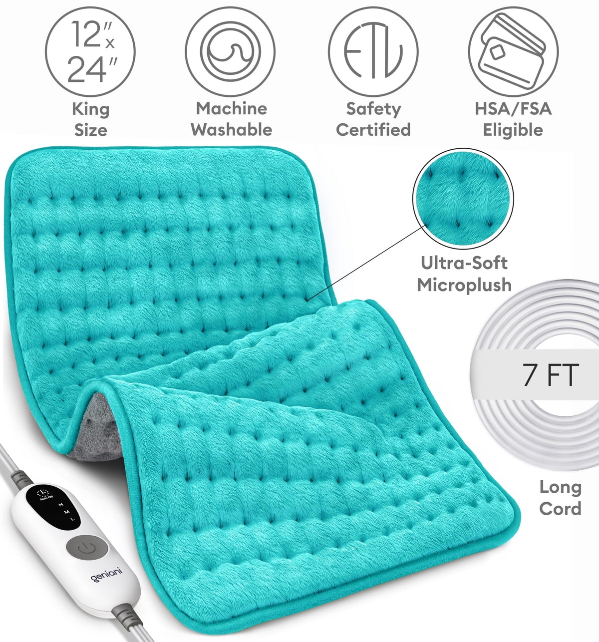 GENIANI XXL Heating Pad for Back Pain & Menstrual Pain Relief, Electric Throw Auto Shut Off,