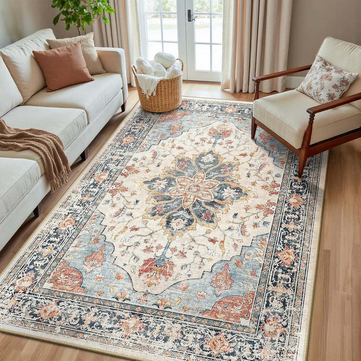 RELEANY Washable Area Rug, Small 2'x3', Teal Green/White/Navy