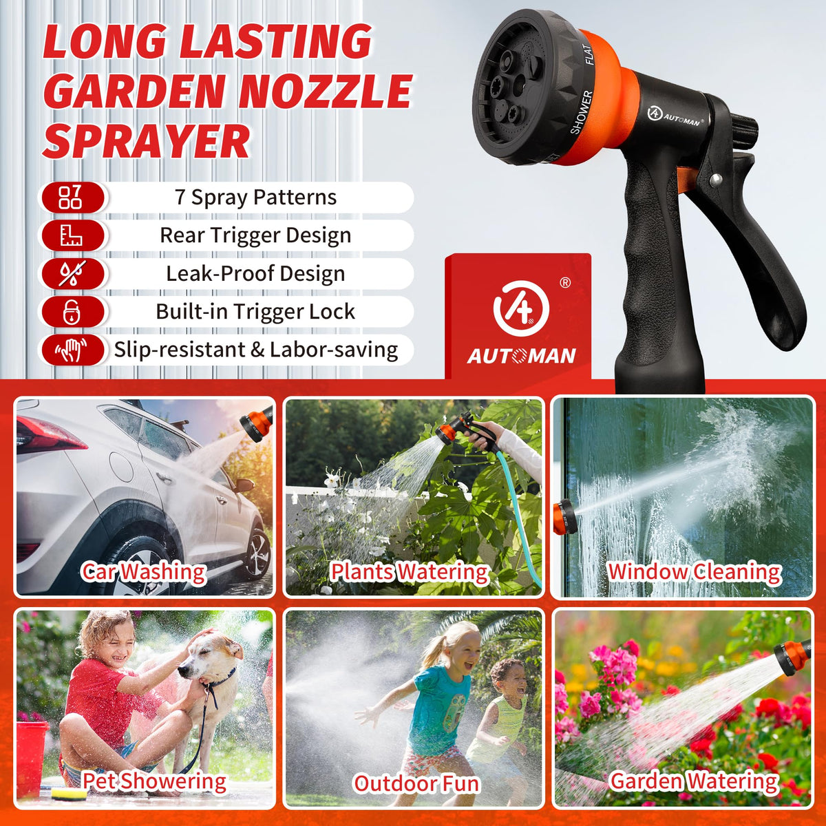 AUTOMAN Garden Hose Nozzle, Water Hose Sprayer Nozzle with 7 Adjustable Watering Patterns, Slip Resistant for Watering Plants, Lawn& Garden, Washing Cars, Cleaning, Showering Pets & Outdoor Fun. Father Jim Norris notebooks