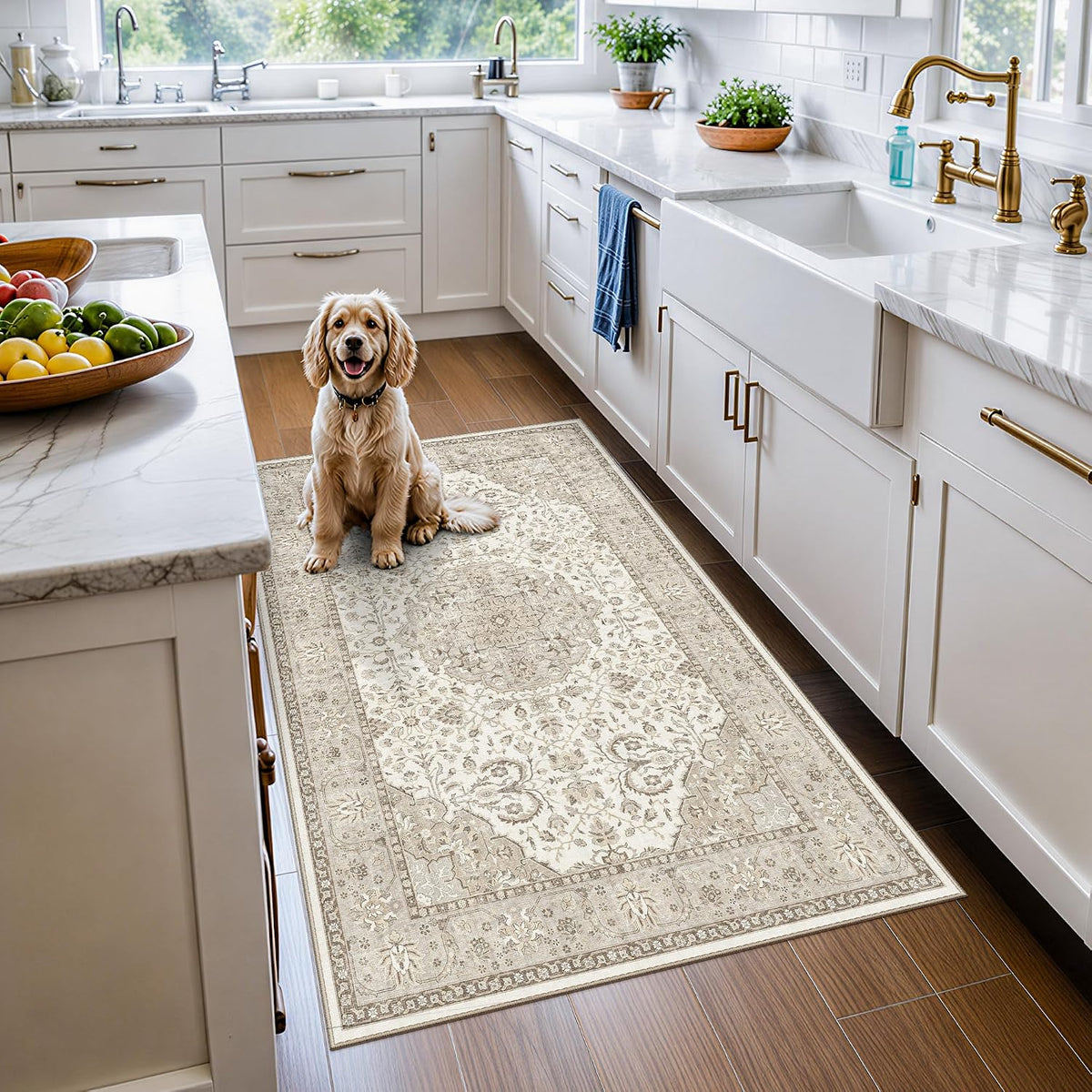 Hallway Washable Runner Rug - 3x10 Kitchen Rugs Entryway Rug Runner Vintage Soft Floor Mat Non Slip Indoor Farmhouse Carpet for Bathroom Living Room Bedroom (3 X 10, Beige)